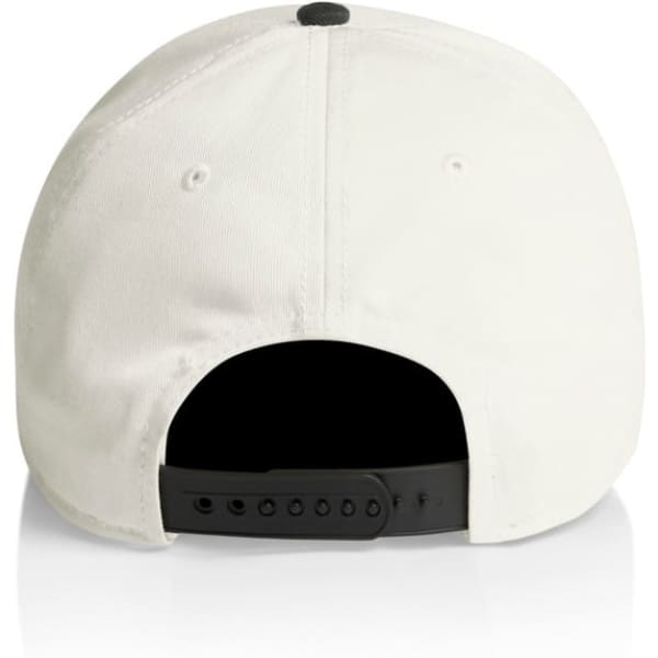 A two-tone cap in white with a black back and adjustable strap, featuring ventilation holes.