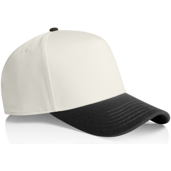 A two-tone cap featuring a white front and black peak, with a logo on the side.