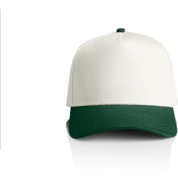 A two-tone cap featuring a white crown and a dark green peak, with a logo on the front.