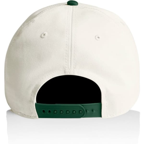 A two-tone cap featuring a cream exterior and a green adjustable strap at the back, with a logo present.