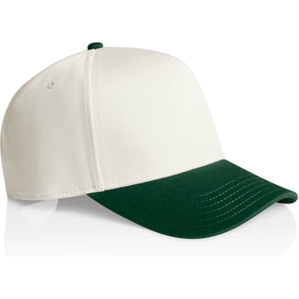 A two-tone cap featuring a white crown and a green brim, with a logo on the side.