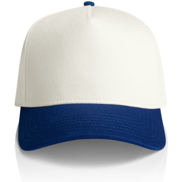 A two-tone cap featuring a white front and a navy blue peak, with a logo on the front.