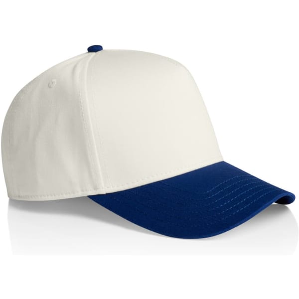 A two-tone cap featuring a white front and a blue peak, with a branding logo present.