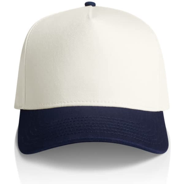 A two-tone cap featuring a cream upper and navy blue brim, with a logo on the front.
