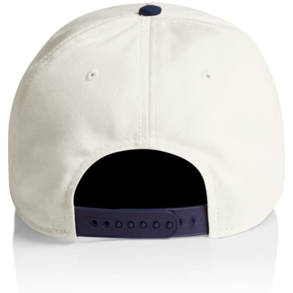 A two-tone cap featuring a white front and navy blue back, with an adjustable strap and a logo.