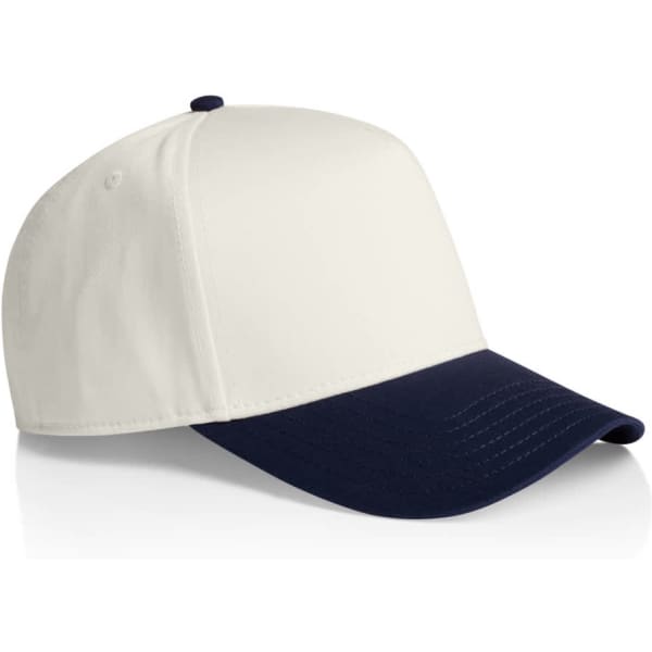 A two-tone cap featuring a white crown and a navy blue peak. It has a logo on the side.