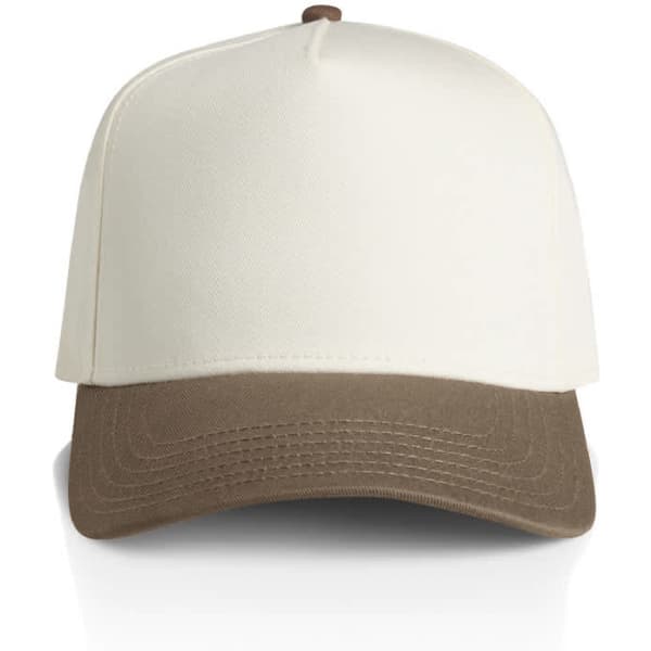 A two-tone cap featuring a cream crown and a brown peak. The cap has a logo on the front.