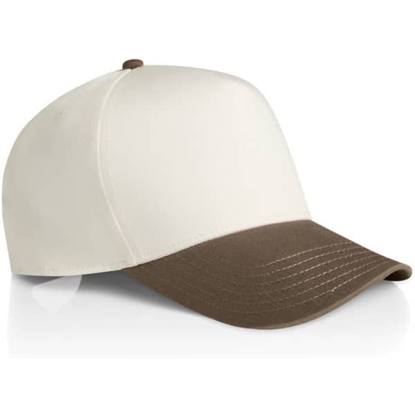 A two-tone cap featuring a cream-coloured crown and a brown peak, with a logo on the front.