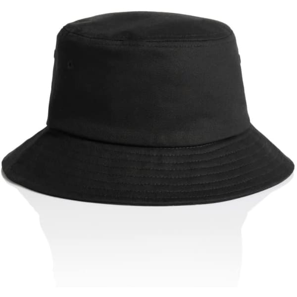 A black kids' bucket hat featuring a wide brim and a simple design with a logo.