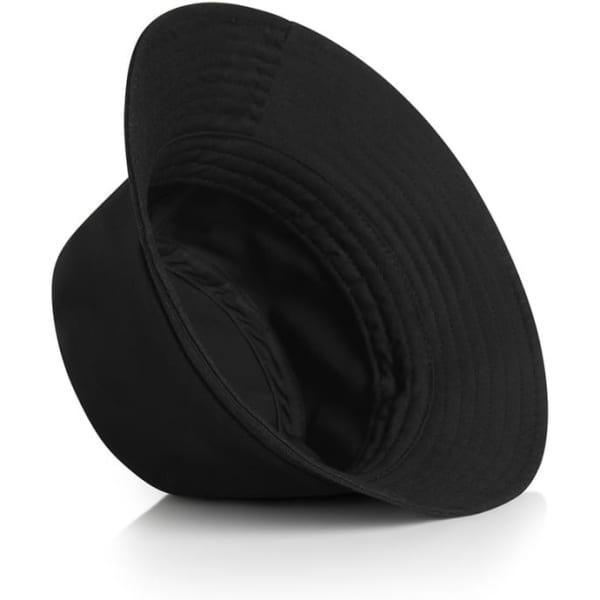 A black kids' bucket hat with a wide brim, featuring an interior lining and a logo on the inside.