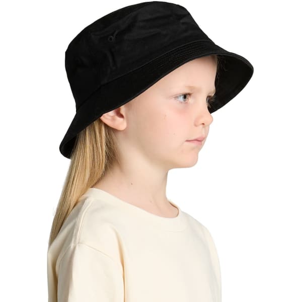 A black kids bucket hat displayed on a child's head from the side, featuring a simple design and logo.