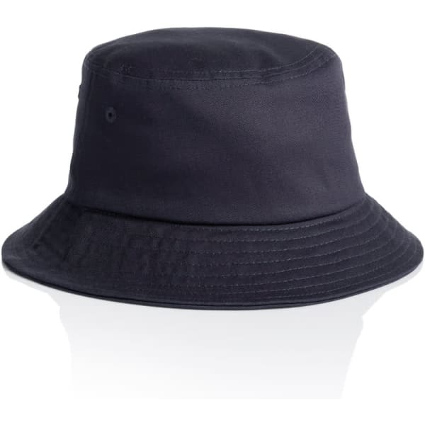A navy blue kids bucket hat featuring a wide brim and a well-structured design. It includes a logo.