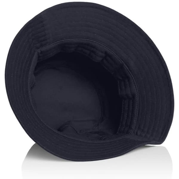 A navy blue kids bucket hat with a wide brim and a circular interior. It features a logo on the inside.