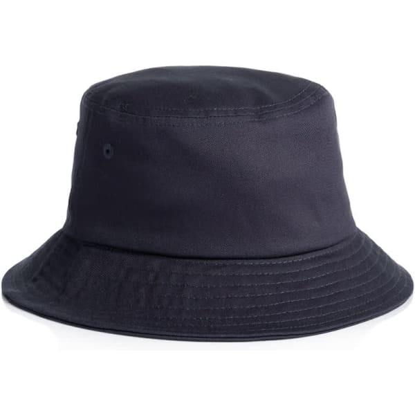 A dark navy bucket hat with a wide brim and a textured finish, featuring a small logo.