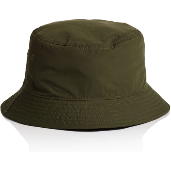 An olive green nylon bucket hat with a wide brim and a logo detail.