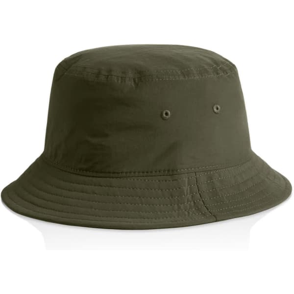 An olive green nylon bucket hat with a wide brim and ventilation eyelets, featuring a logo.