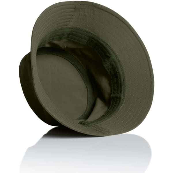 A nylon bucket hat in olive green, featuring a wide brim and an inner lining. It has a logo inside.