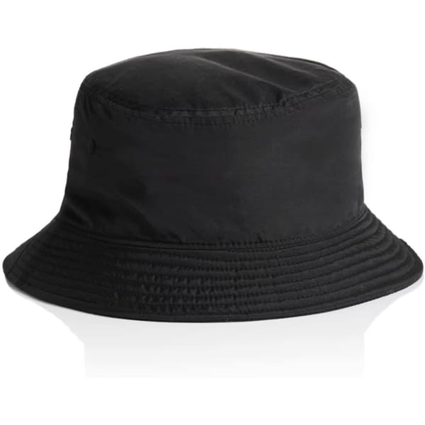 A black nylon bucket hat featuring a wide brim and a simple design. It has a logo on the side.