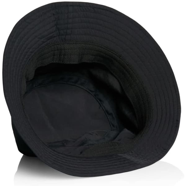A black nylon bucket hat with a wide brim, featuring an interior lining and a branding logo.