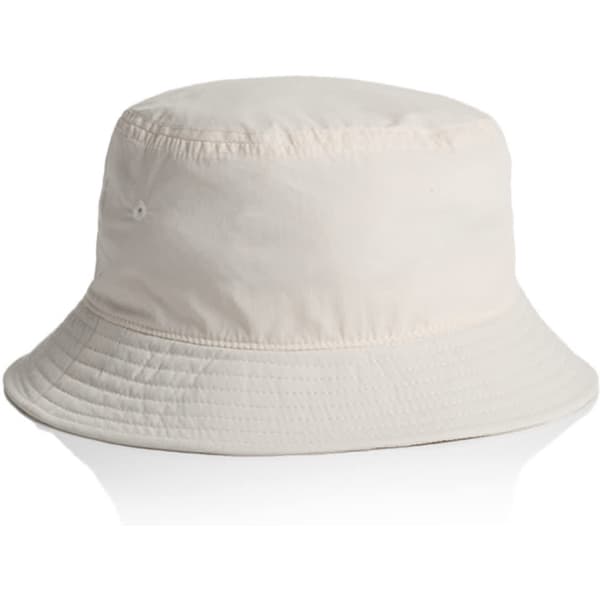 A beige nylon bucket hat with a wide brim and a subtle logo on the side.