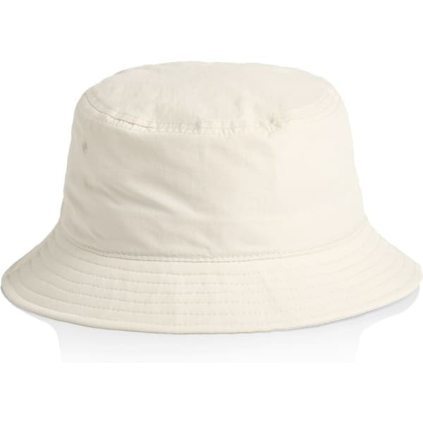 A cream nylon bucket hat with a rounded top and wide brim. It features a logo tag.