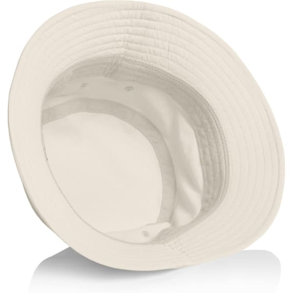 A cream Nylon Bucket Hat featuring a wide brim, with an interior lining and a small logo inside.