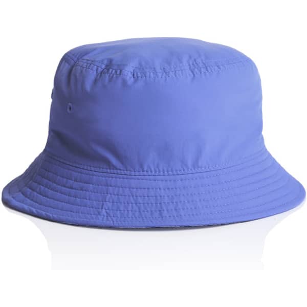 A purple nylon bucket hat with a wide brim and a branded logo.