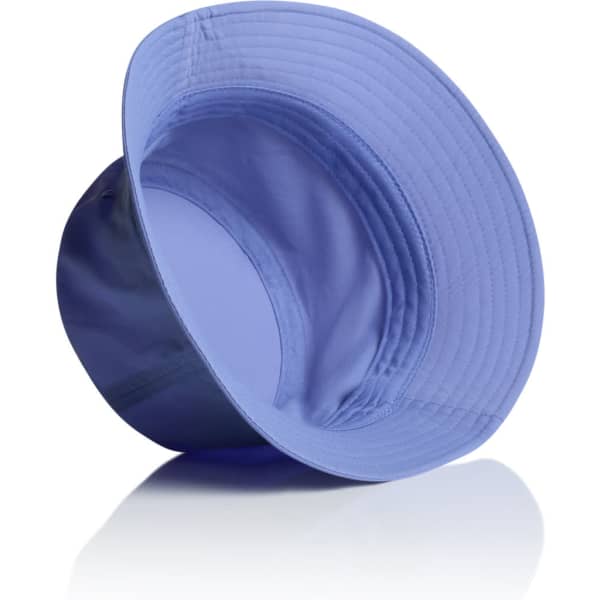A blue nylon bucket hat with a wide brim, displaying a logo on the side. The interior is smooth and structured.
