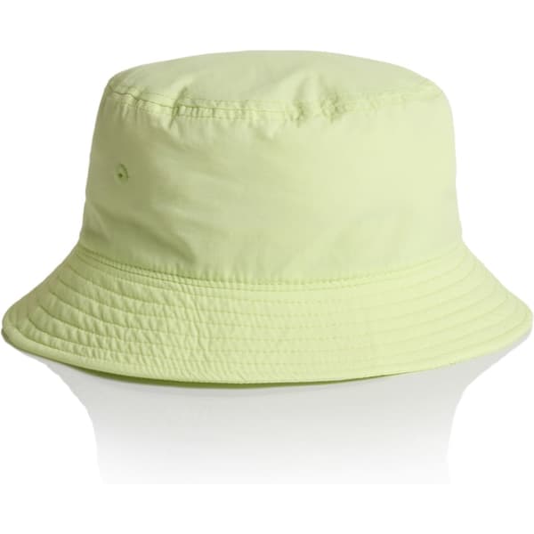 A lime green nylon bucket hat with a flexible brim and a logo on the side.