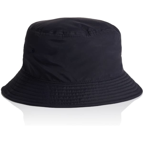 A black nylon bucket hat with a wide brim, featuring a subtle logo. Ideal for outdoor activities.