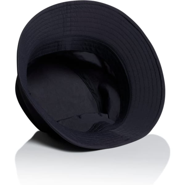 A black nylon bucket hat featuring a wide brim and a soft interior. The hat has a logo inside.