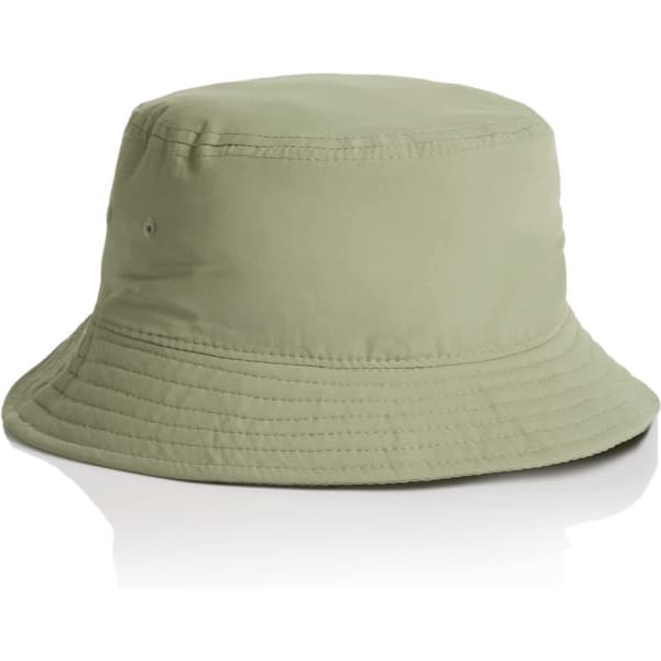 A light green nylon bucket hat with a structured brim and a logo on the side.