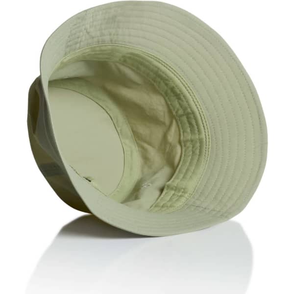 A light green nylon bucket hat with an interior lining and a logo. The hat has a wide brim and is designed for headwear.