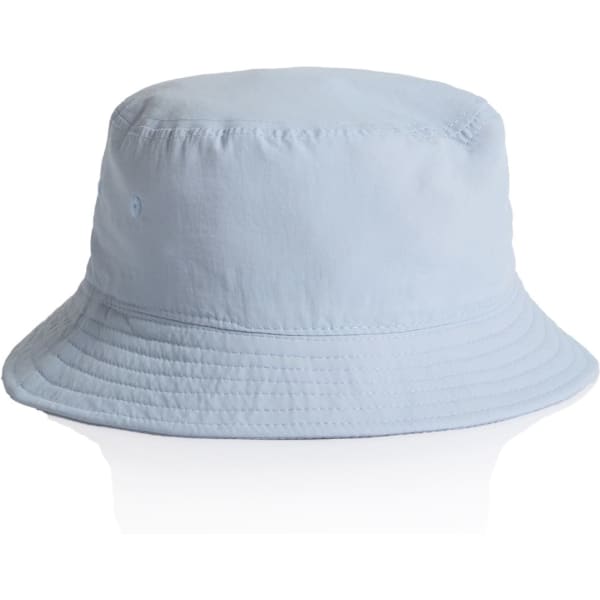A light blue nylon bucket hat with a wide brim and a subtle logo on the side.