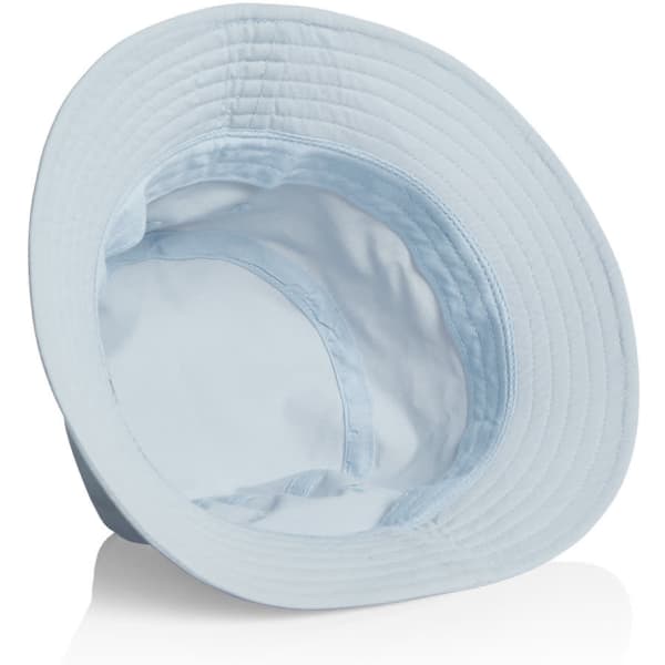 Light blue nylon bucket hat with a wide brim and an interior lining, featuring a logo on the exterior.