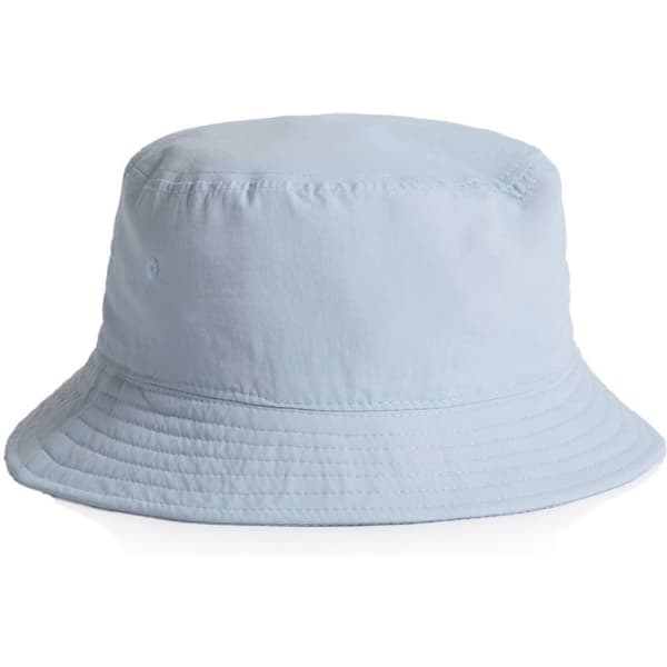 A light blue nylon bucket hat with a flexible brim and a logo on the side.