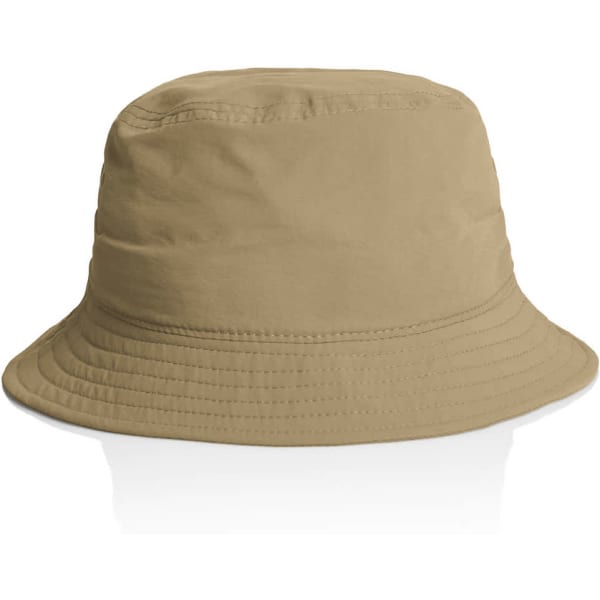 A beige nylon bucket hat with a wide brim and textured surface, featuring a logo.