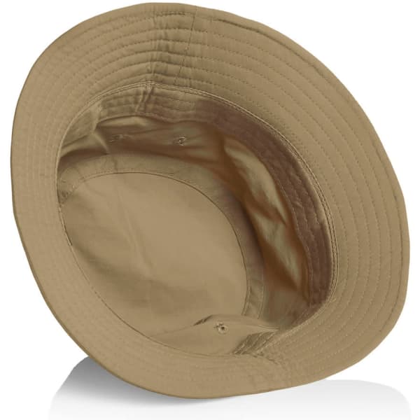 A tan nylon bucket hat with a smooth interior design and a branded logo.