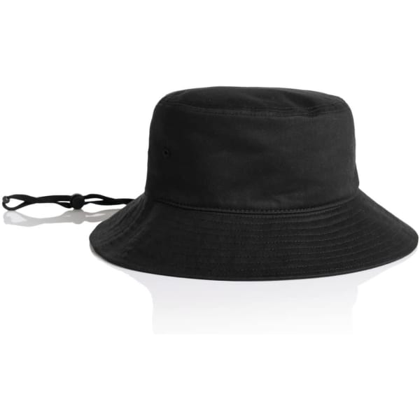 A black wide brim bucket hat featuring a chin strap and a logo on the side.