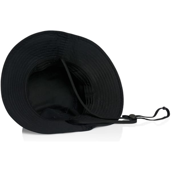 A black wide brim bucket hat with an adjustable strap, featuring an interior lining and a logo.
