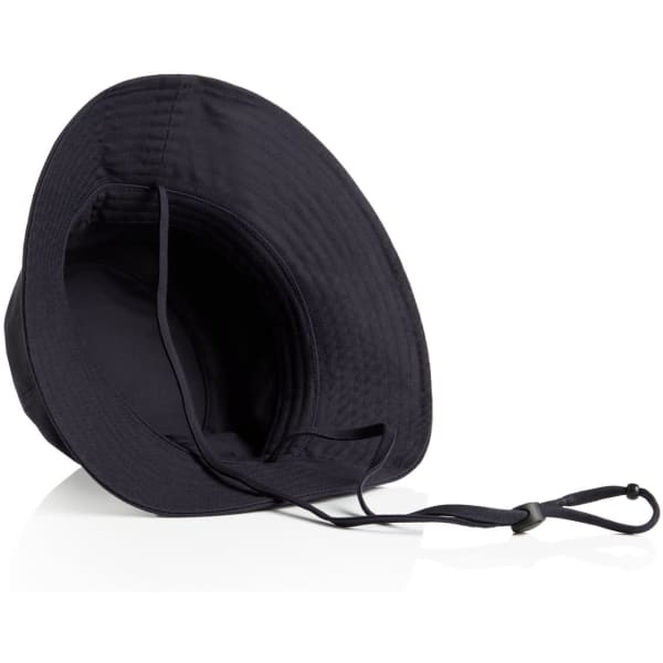 A black wide brim bucket hat with an adjustable strap, featuring a simple design and no visible branding.