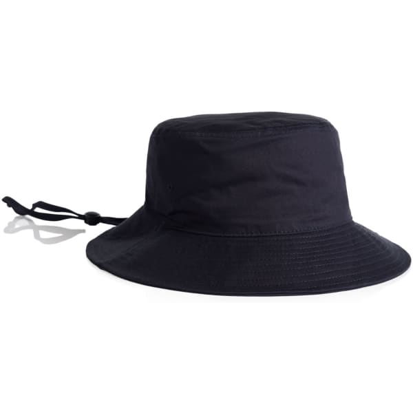 A wide-brim bucket hat in navy blue, featuring a drawstring for an adjustable fit and a logo.