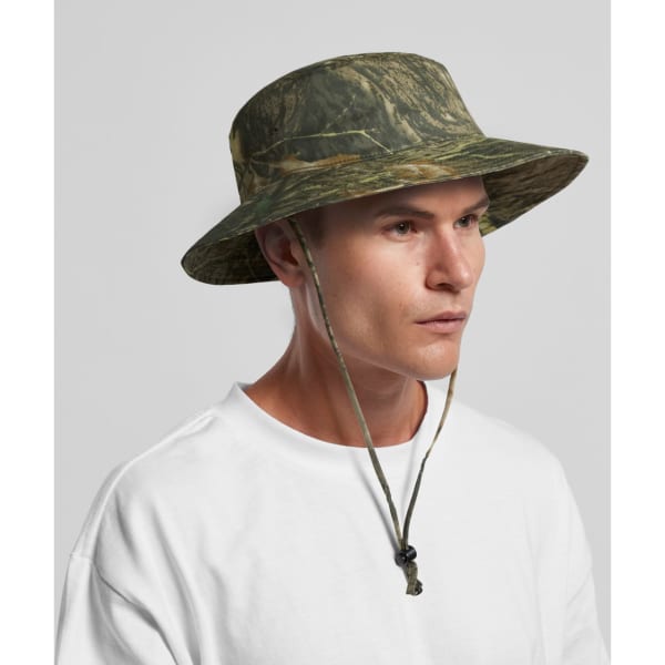 A wide brim bucket hat in a camouflage pattern, featuring a drawstring for secure wear.