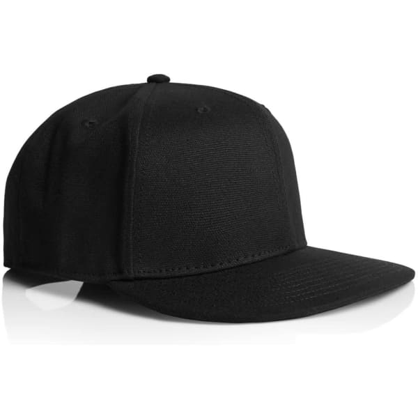 A black cap with a flat brim and six-panel design, featuring a logo on the front.