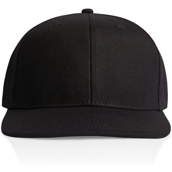 A black canvas cap with a structured front and a flat brim; features a logo on the front.