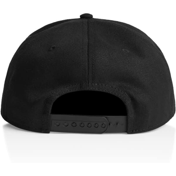 A black canvas cap with a structured design and an adjustable back strap, featuring a logo.