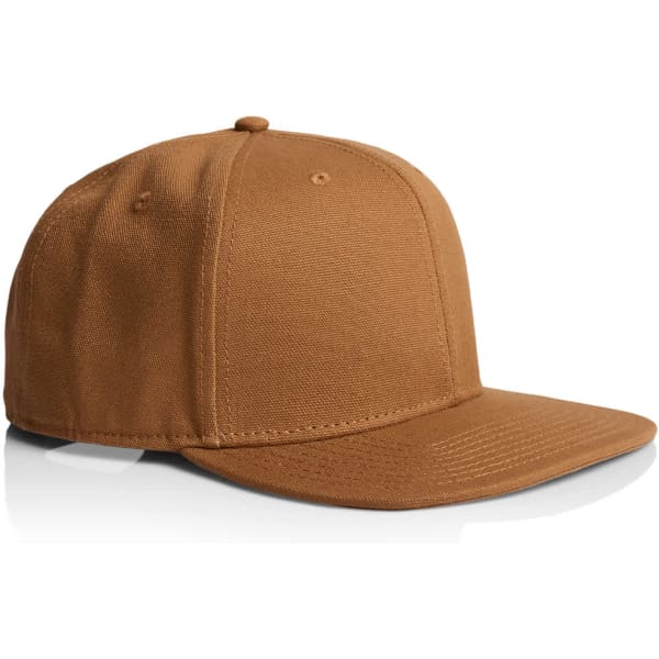 A brown stock canvas cap with a structured front and a flat peak, featuring a blank panel.