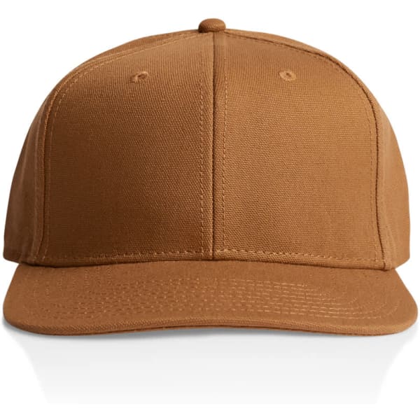 A brown stock canvas cap with a structured crown and a curved brim, featuring a logo on the front.