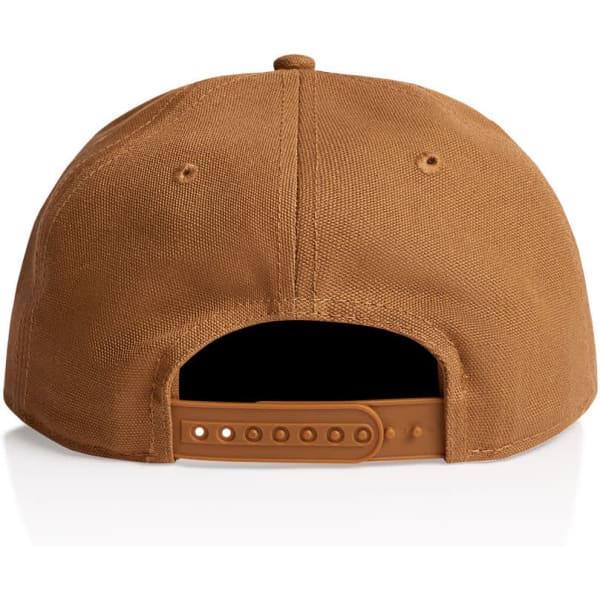 A brown canvas cap with a snapback closure and a logo on the back.