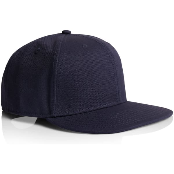 A navy blue cap with a structured design and a curved brim, featuring a logo on the front.